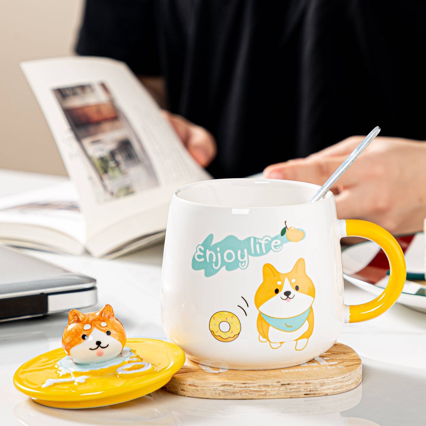 Shiba Inu Enjoy Life 13oz Mug With Lid and Spoon