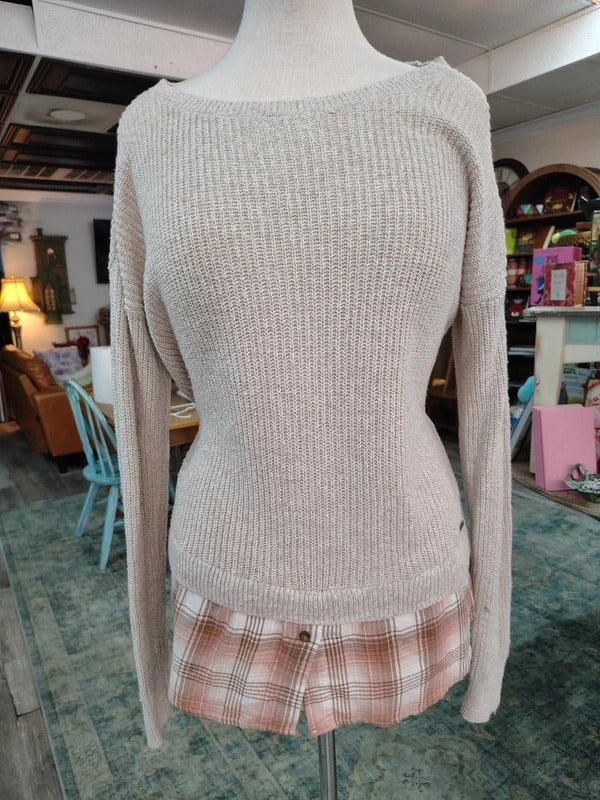 Hollister Oatmeal Knit Sweater with Plaid Layer | Medium