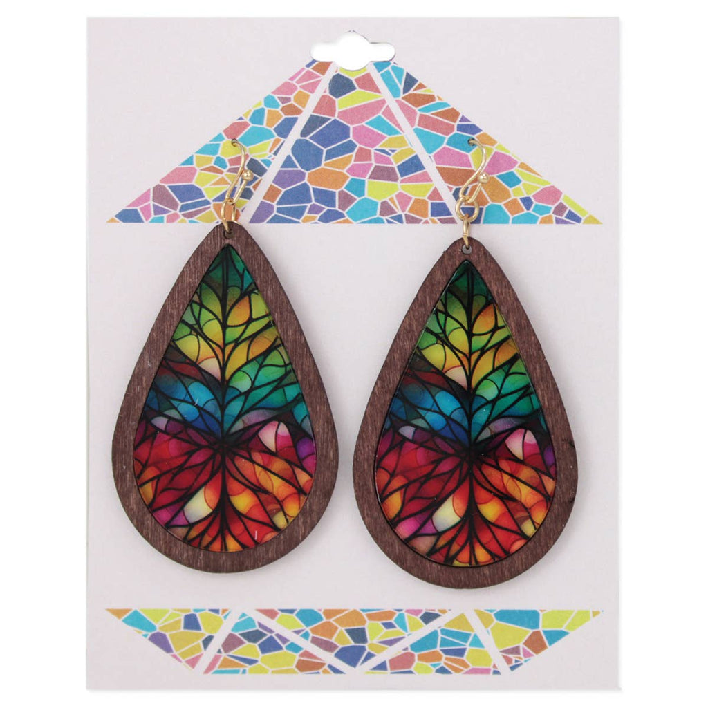 ZAD - Rainbow Mosaic Stained Glass Print Wood Earrings