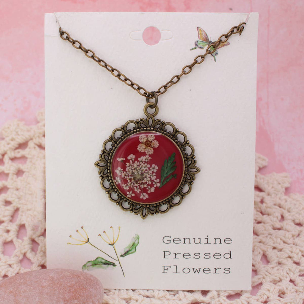 ZAD - Antique Gold Dried Flower Red Cameo Necklace