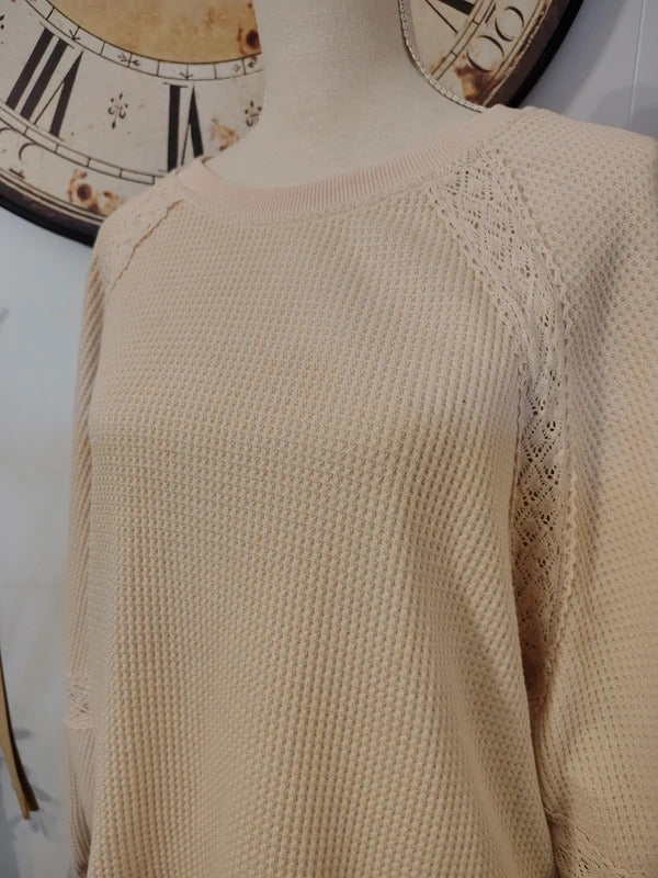Rareraw Cream Waffle Knit Lace Detail Sweater L