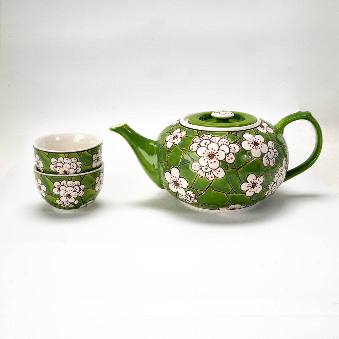 Urban Tokyo - Ume Plum Blossoms Green Tea Set 26oz Tea Pot with 2 Cups