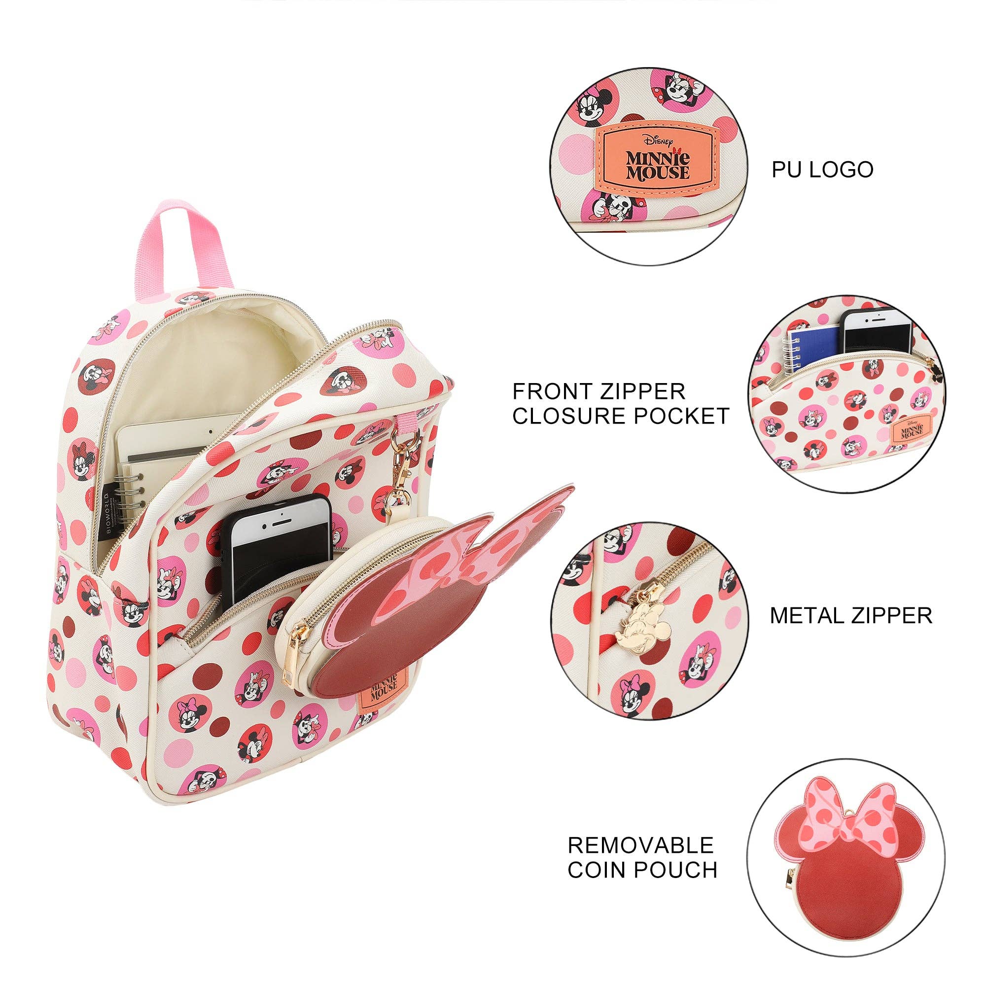 Bioworld Merchandising - Disney Minnie Mouse Ears & Bow White 10.5" Mini PU Backpack for girls