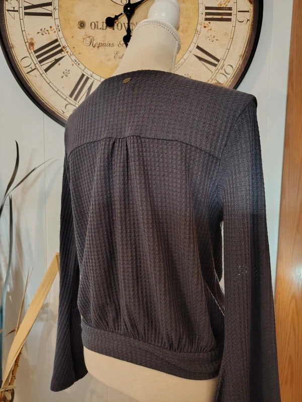 O'Neill Blue Gray Waffle Knit Wrap Bell Sleeve Top L