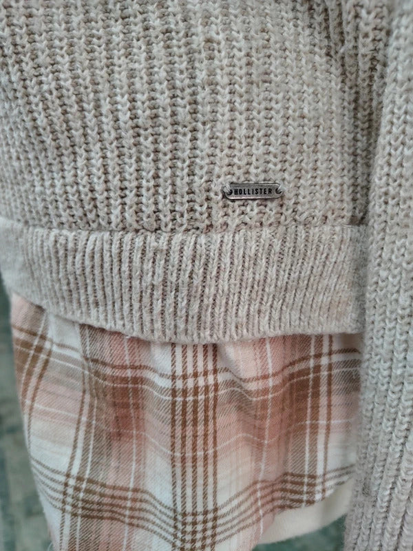 Hollister Oatmeal Knit Sweater with Plaid Layer | Medium