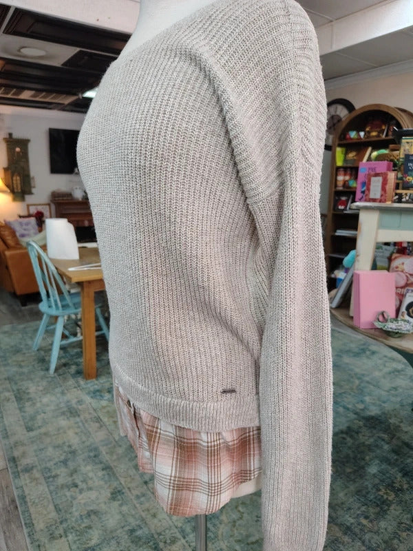 Hollister Oatmeal Knit Sweater with Plaid Layer | Medium