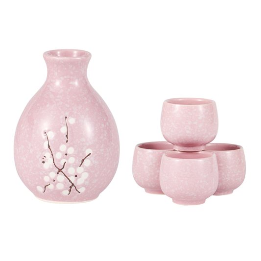 Pink Ume Plum Blossom Porcelain Glazed 9 oz Sake Bottle and 4 Cups Gift Set