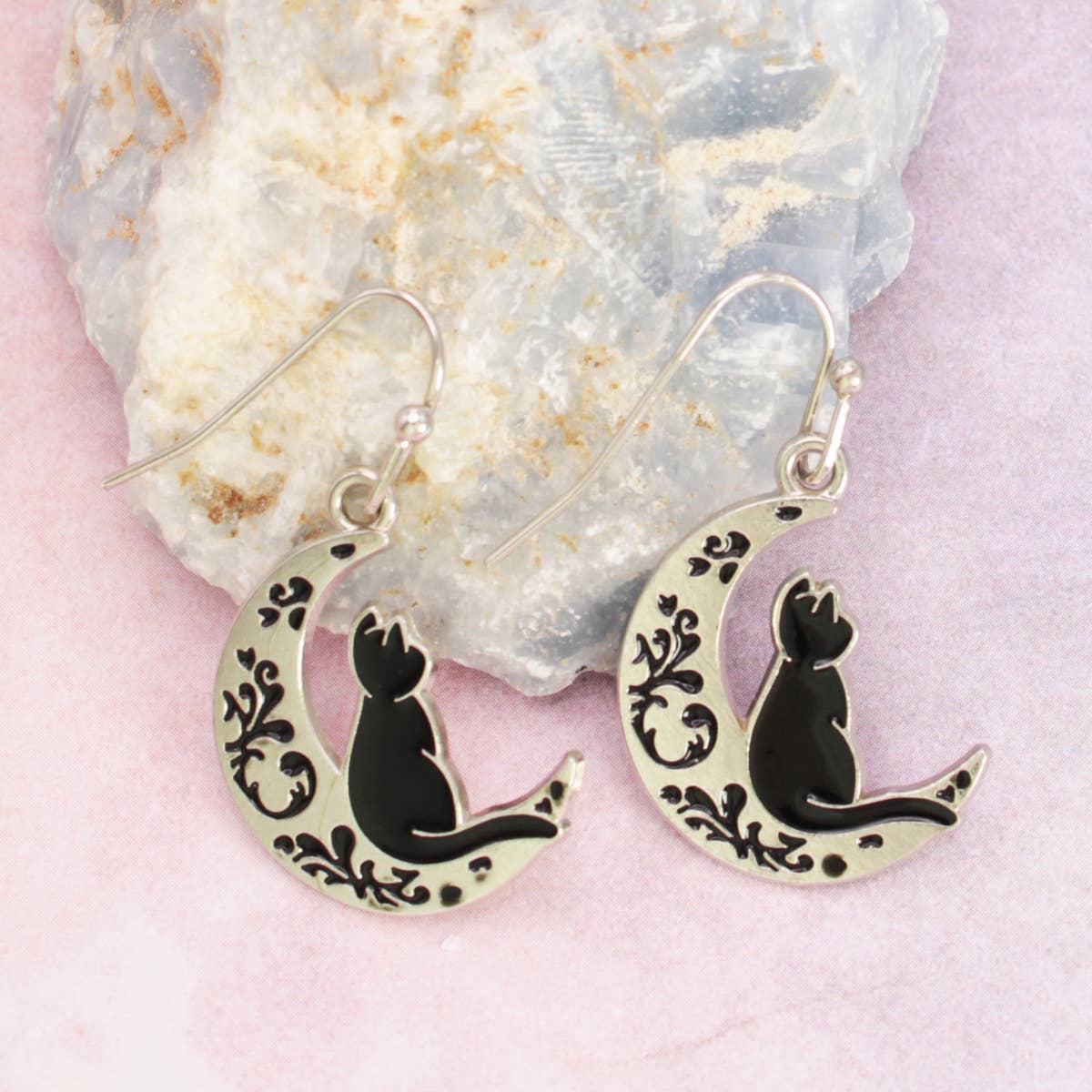 ZAD - Feline Dreams Silver Moon Black Cat Earrings
