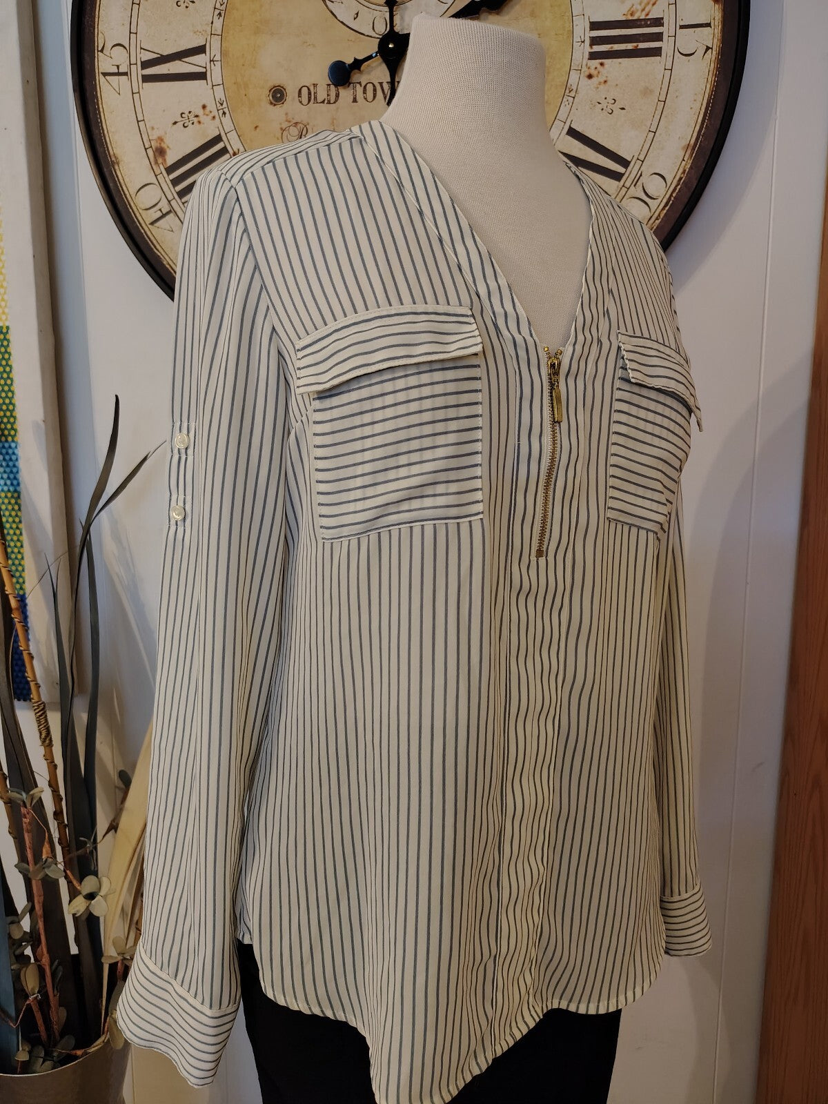 Express Women's White and Gray Striped Long Sleeve Blouse Sm