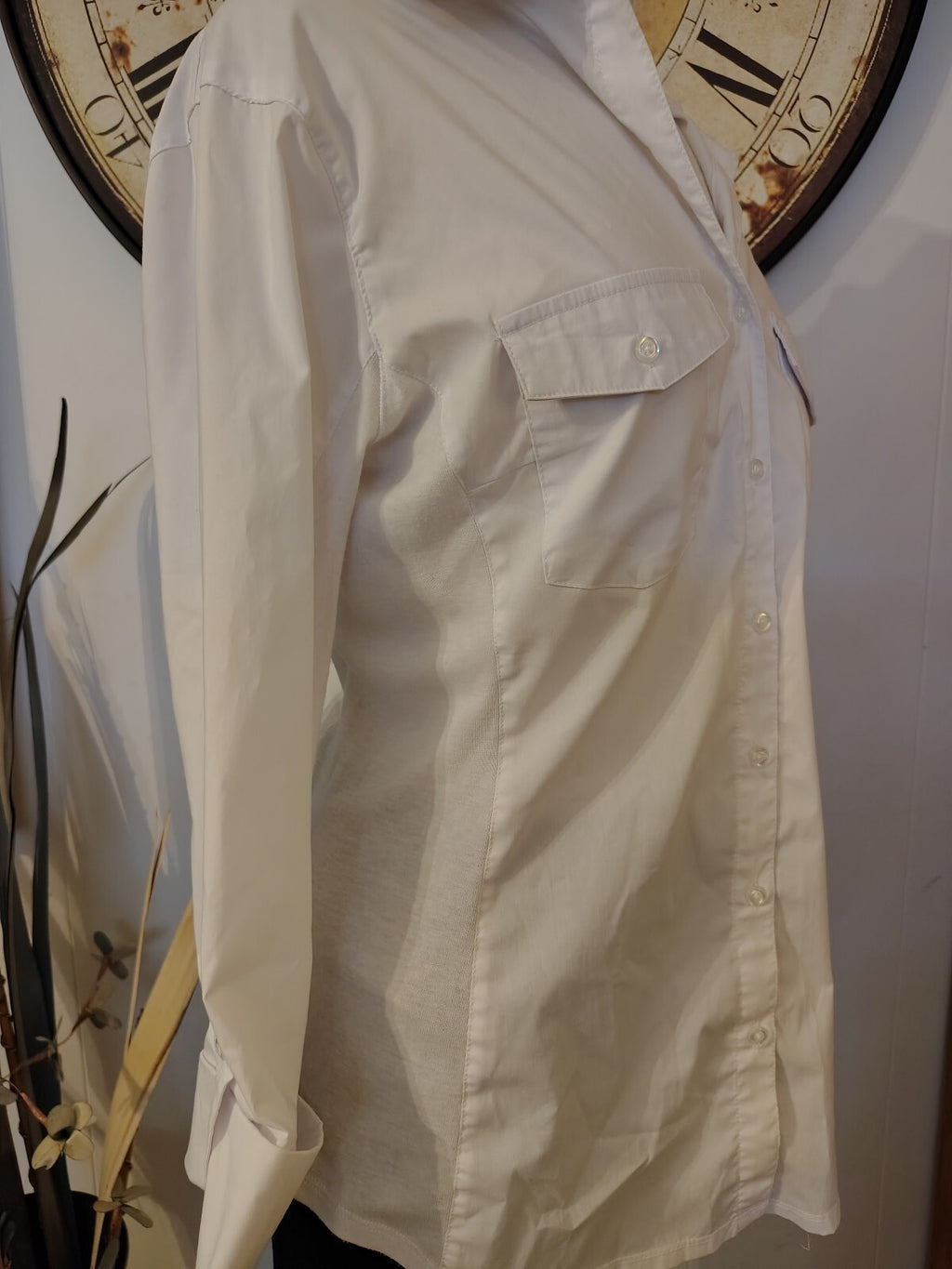Women's White Long Sleeve Button-Up Shirt with Chest Pockets