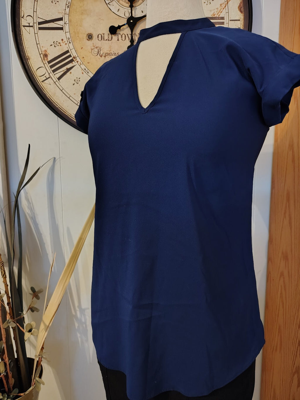 Navy Blue Short Sleeve Blouse with Keyhole Neck Express XS