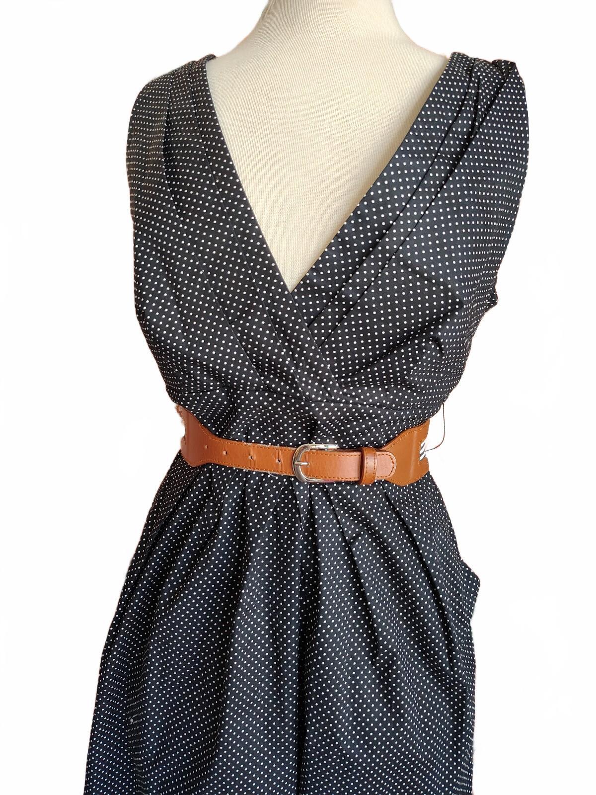Corey P Black Polka Dot Sleeveless Dress with Belt Sz 14 NWT