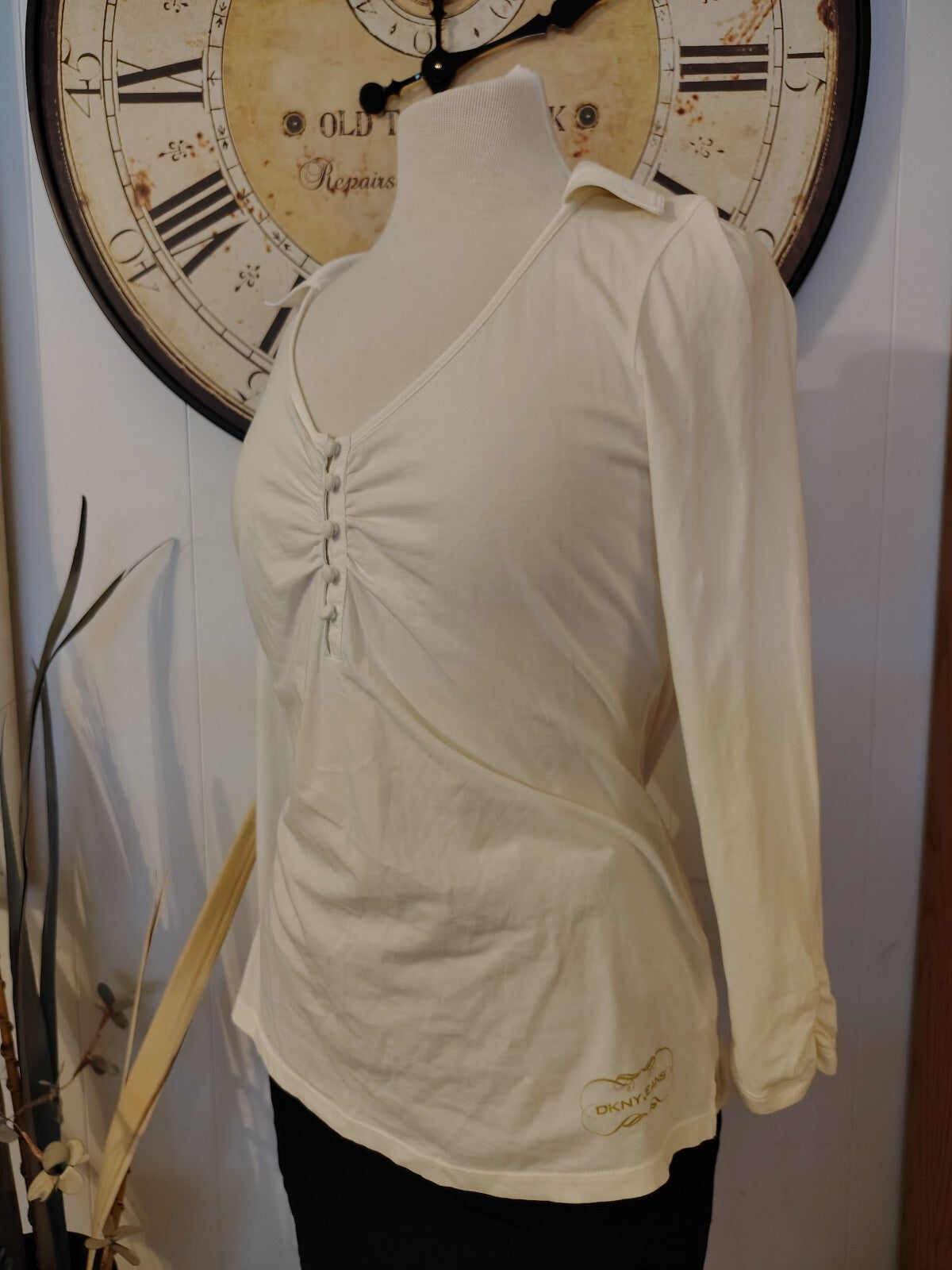 DKNY Jeans Women's Long Sleeve Cream Button Front Top Size L