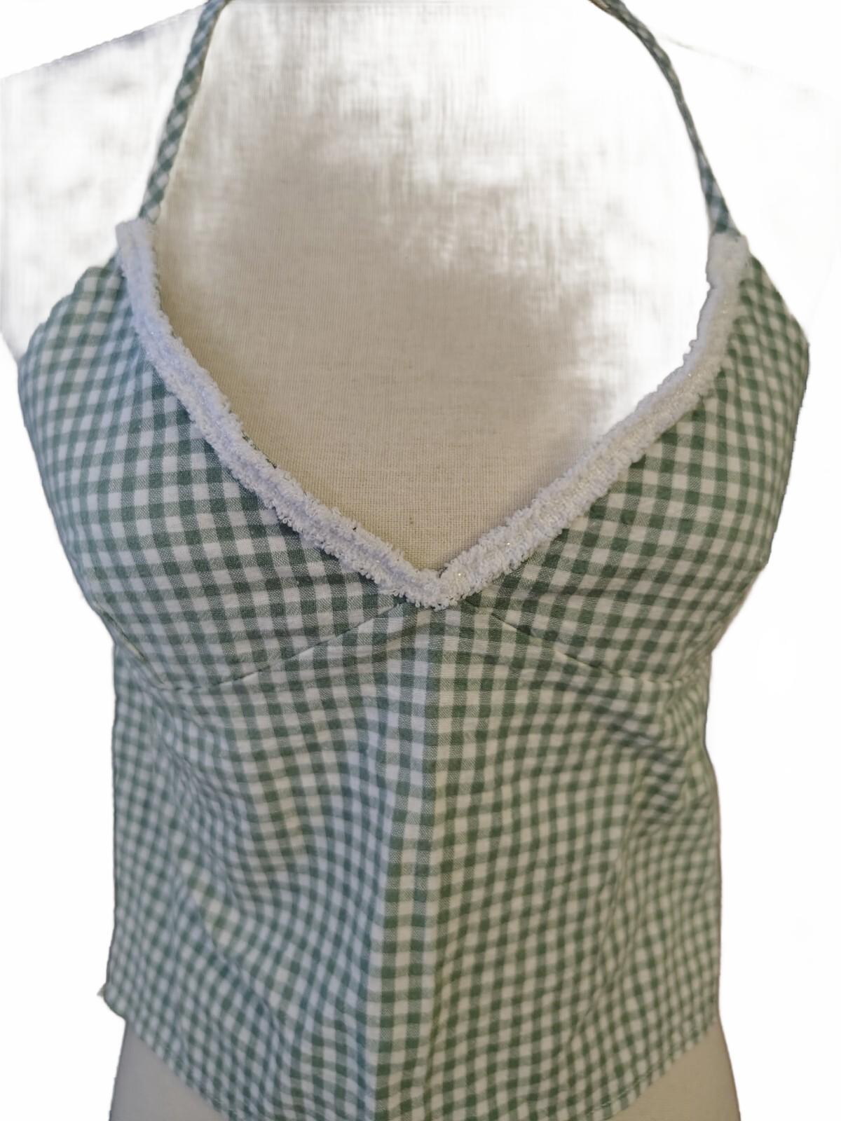 Junior XS/S Green and White Gingham Halter Neck Top with Tie