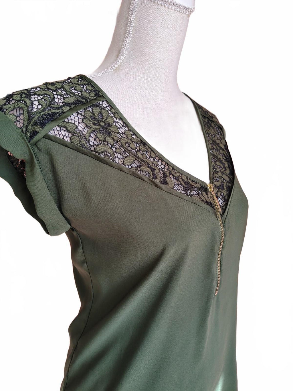 Express Women's Olive Green Blouse with Lace Detail XS