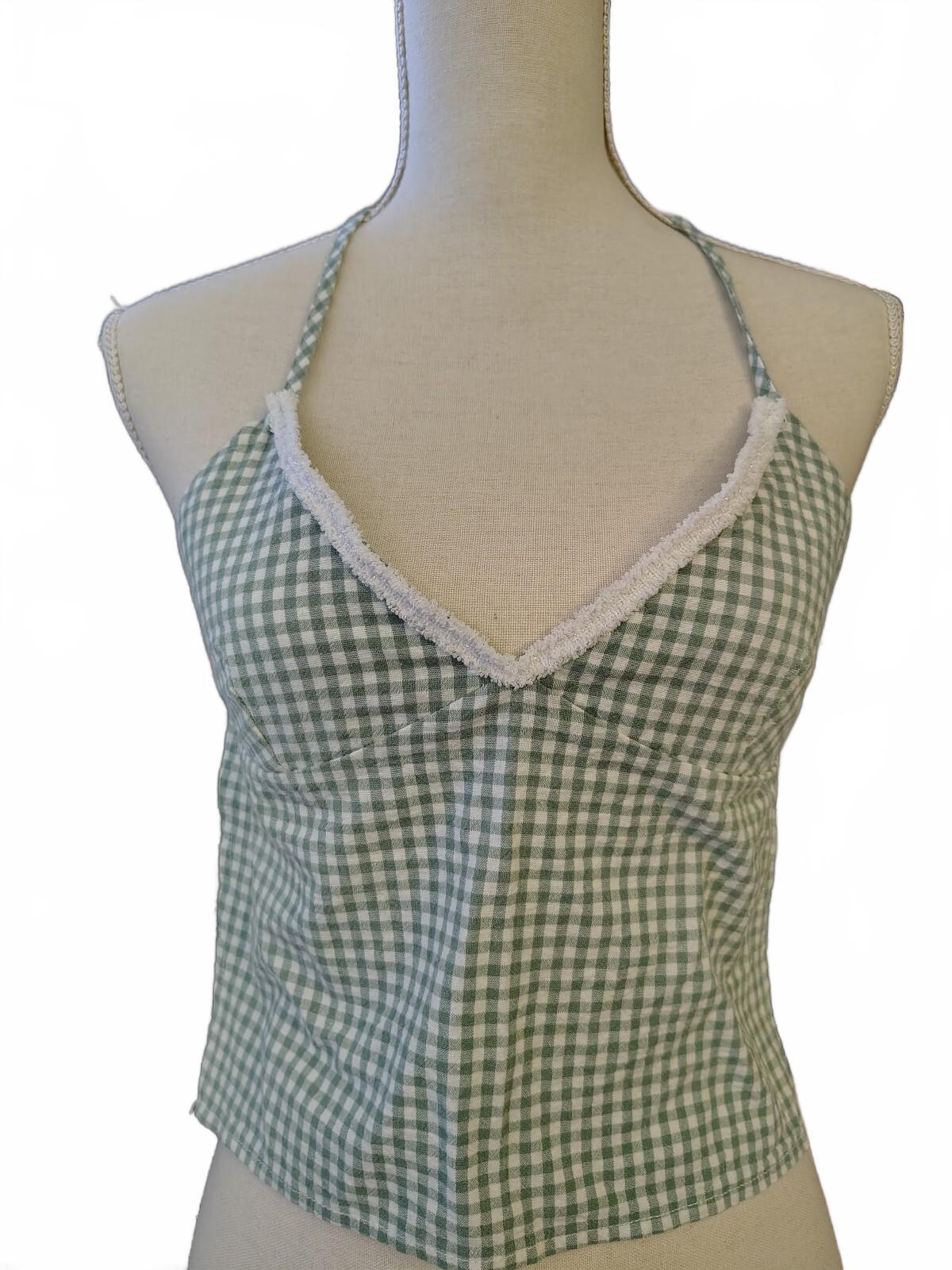 Junior XS/S Green and White Gingham Halter Neck Top with Tie