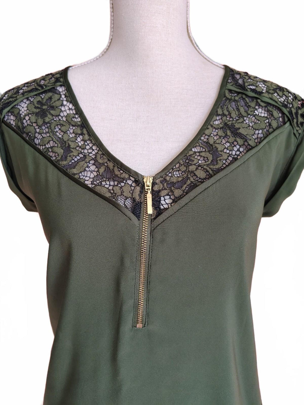 Express Women's Olive Green Blouse with Lace Detail XS