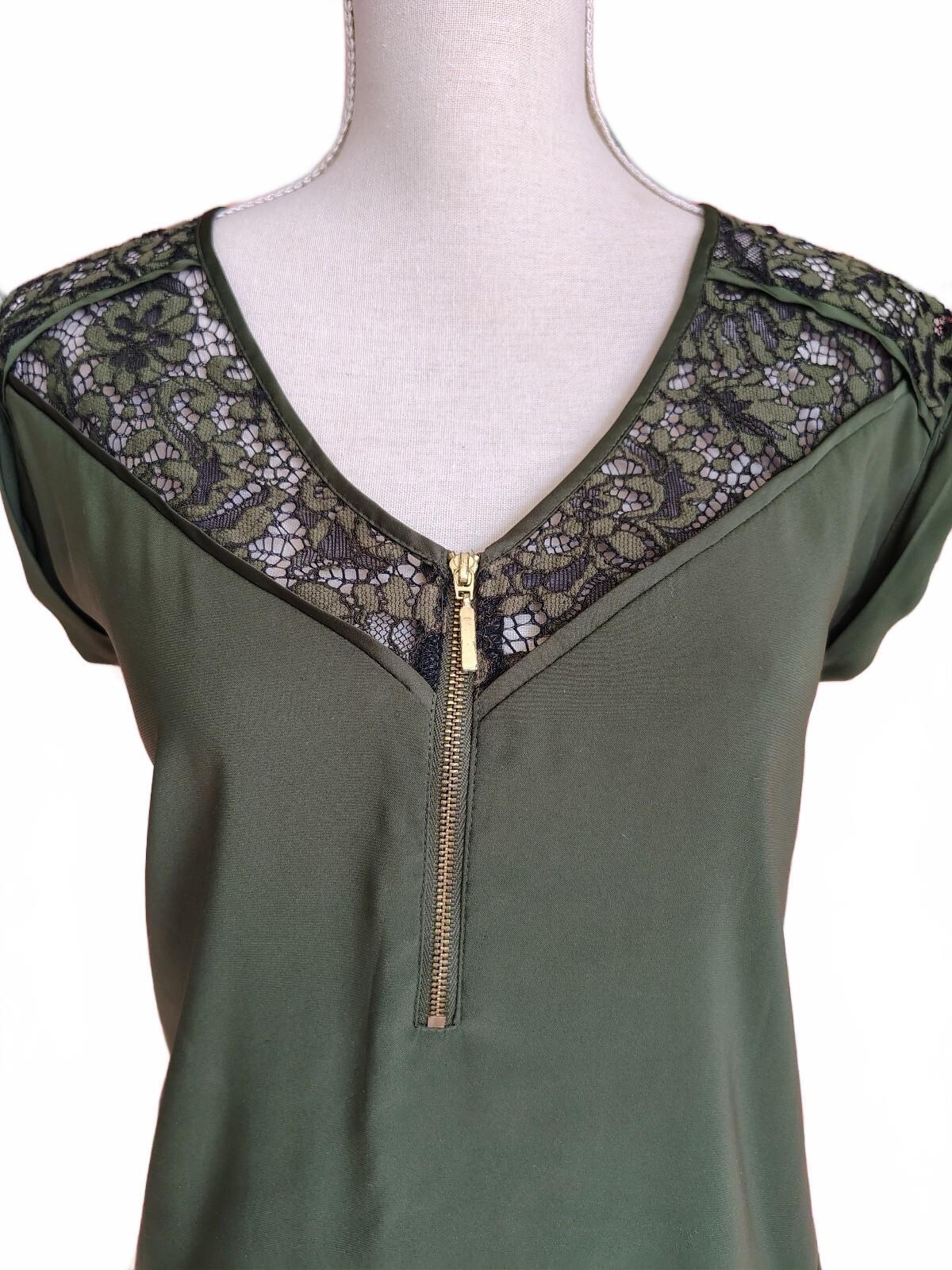 Express Women's Olive Green Blouse with Lace Detail XS