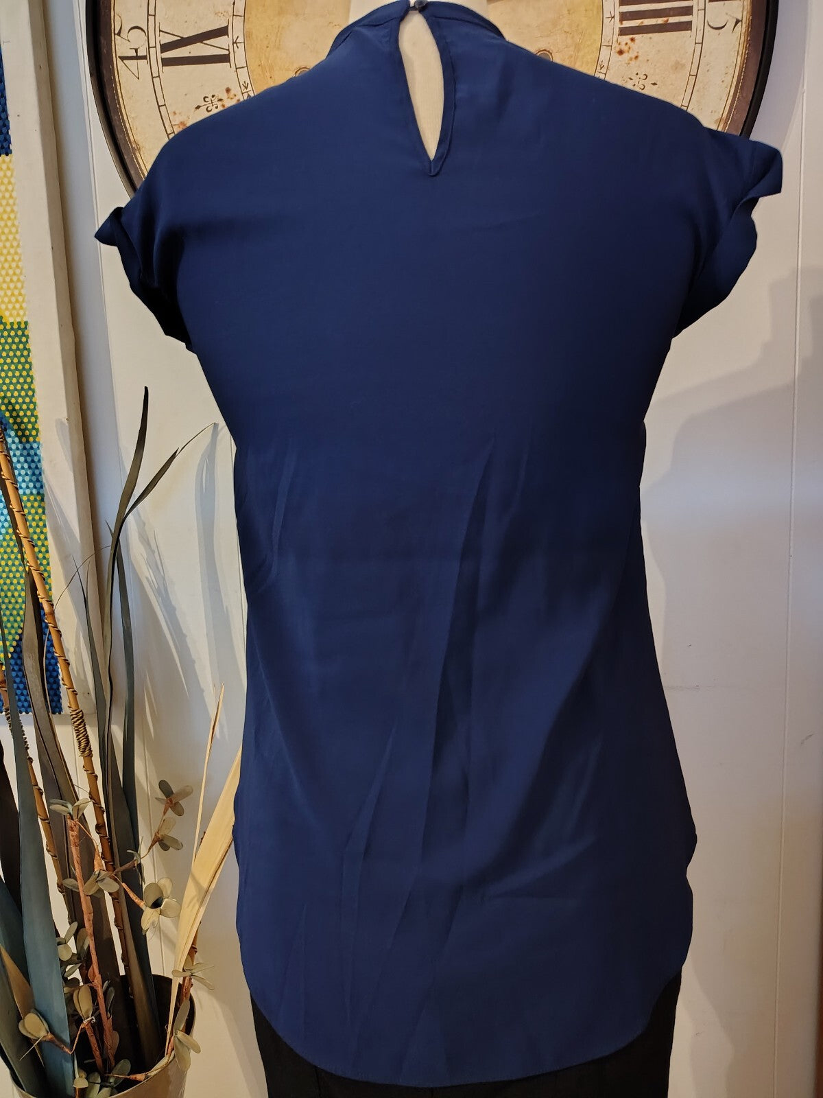 Navy Blue Short Sleeve Blouse with Keyhole Neck Express XS