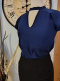 Navy Blue Short Sleeve Blouse with Keyhole Neck Express XS