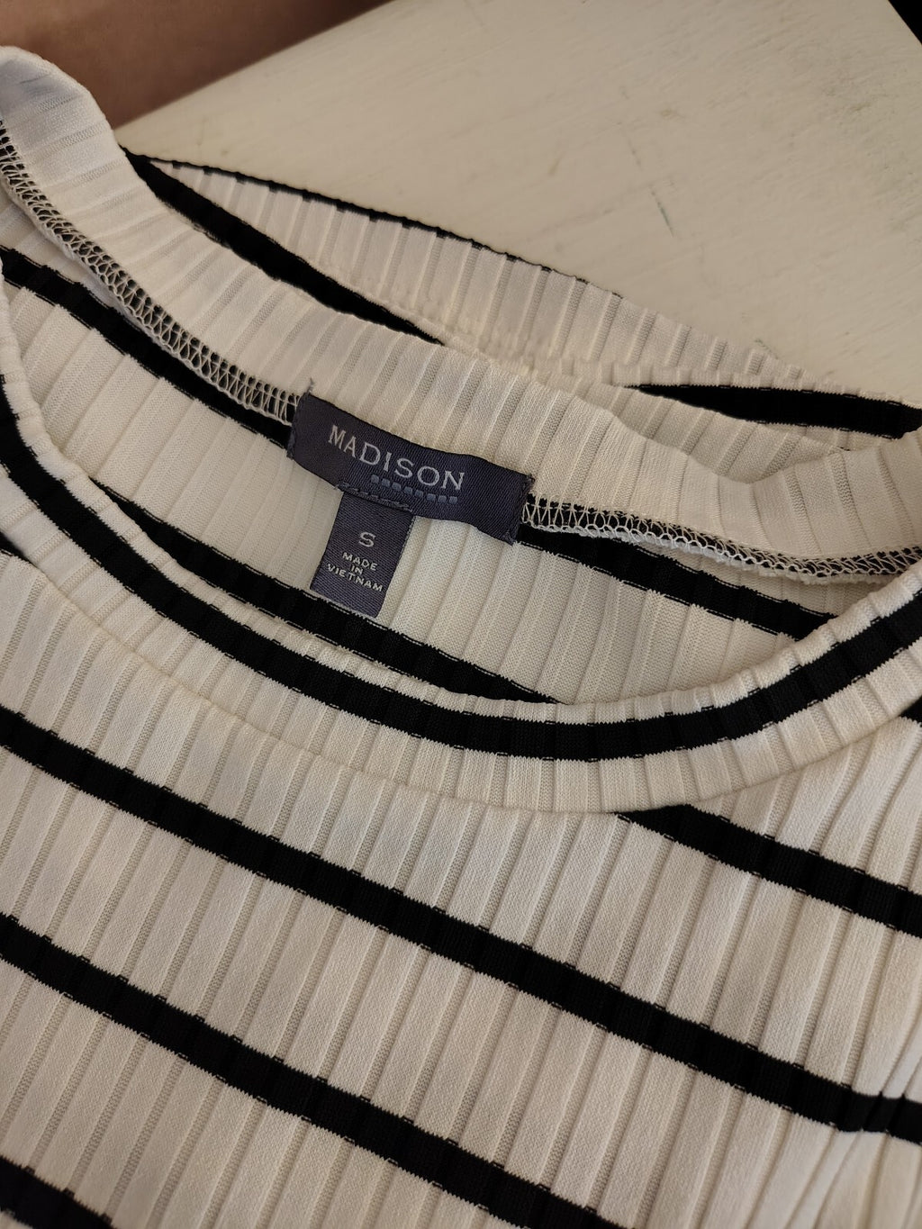 Madison New York Women's Black & White Striped Ribbed Top Sm