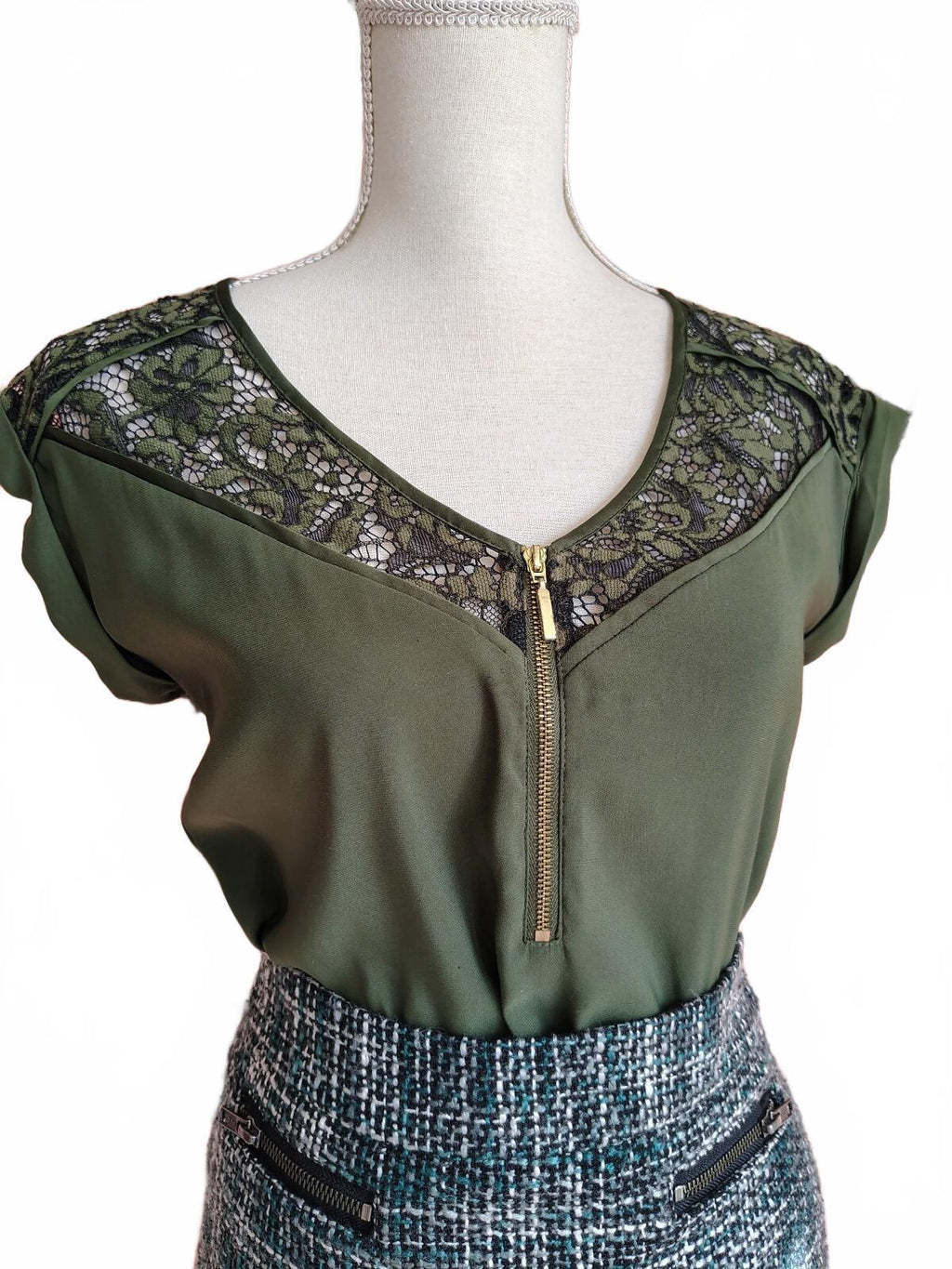 Express Women's Olive Green Blouse with Lace Detail XS