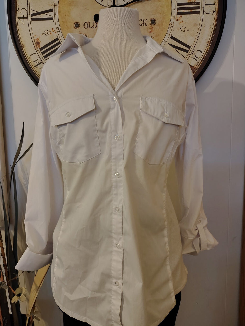 Women's White Long Sleeve Button-Up Shirt with Chest Pockets