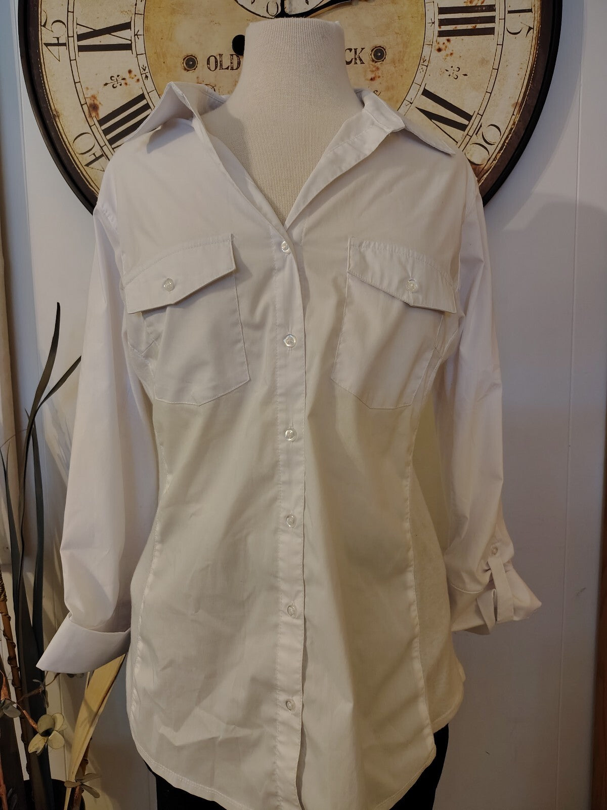 Women's White Long Sleeve Button-Up Shirt with Chest Pockets