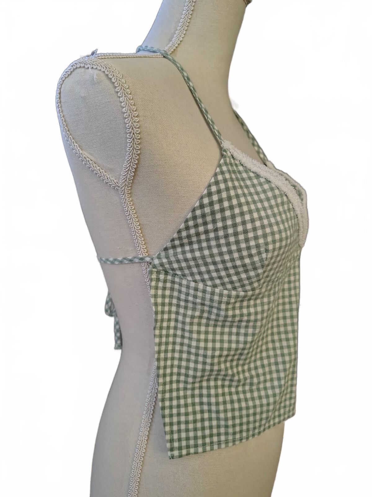 Junior XS/S Green and White Gingham Halter Neck Top with Tie