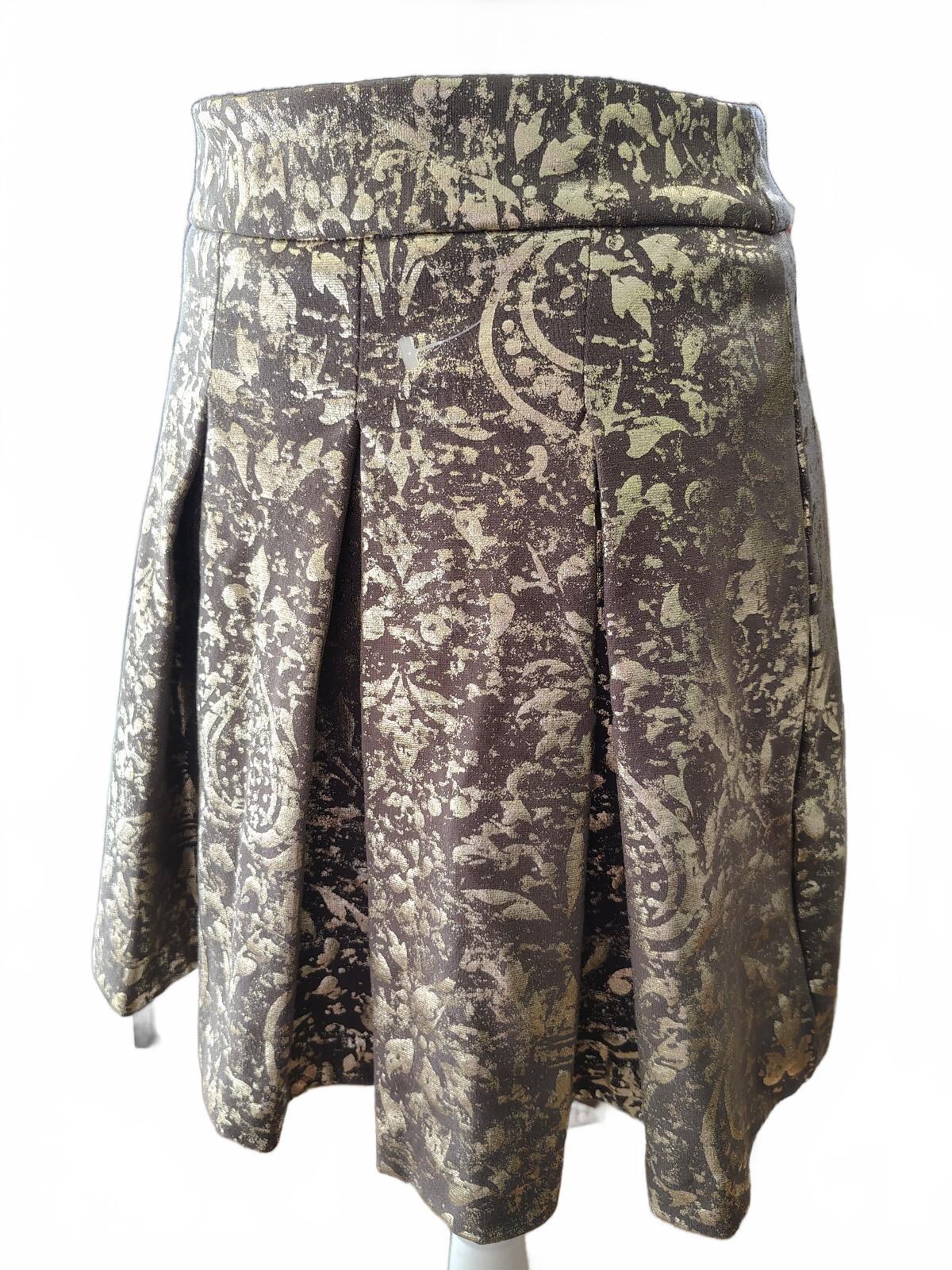 Mark Medium Brocade A-Line Skirt in Gold and Brown with Plea