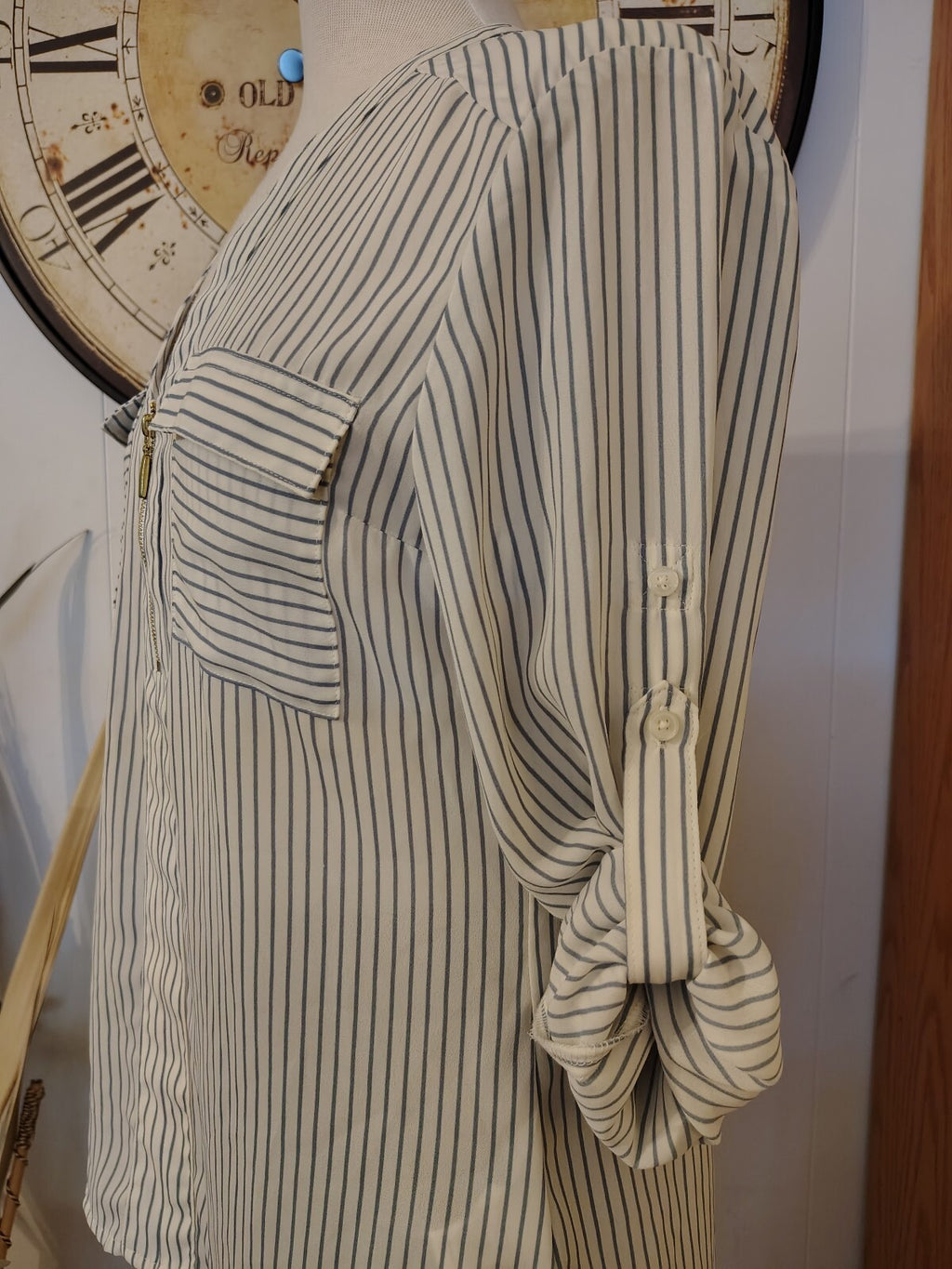 Express Women's White and Gray Striped Long Sleeve Blouse Sm
