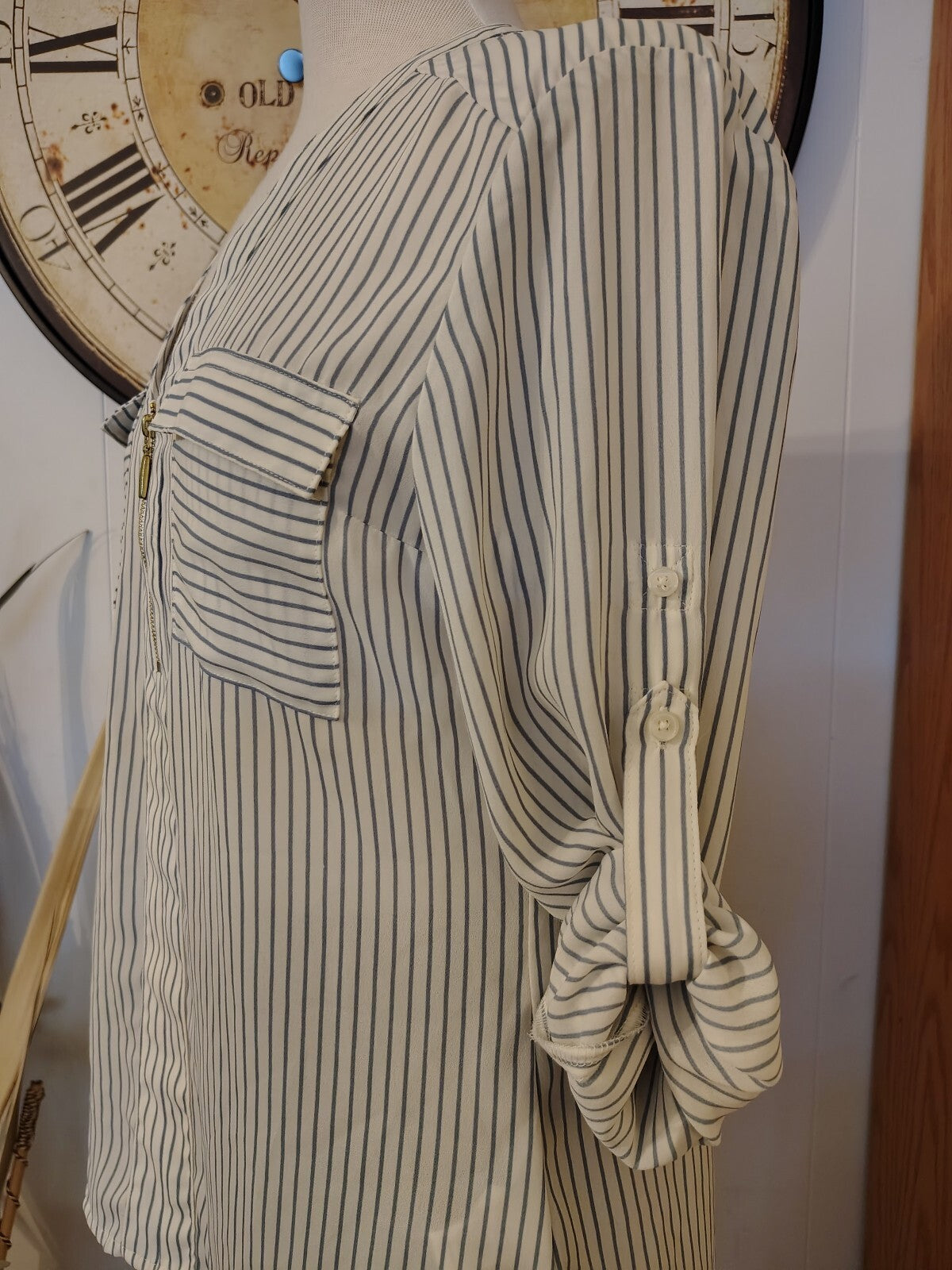 Express Women's White and Gray Striped Long Sleeve Blouse Sm