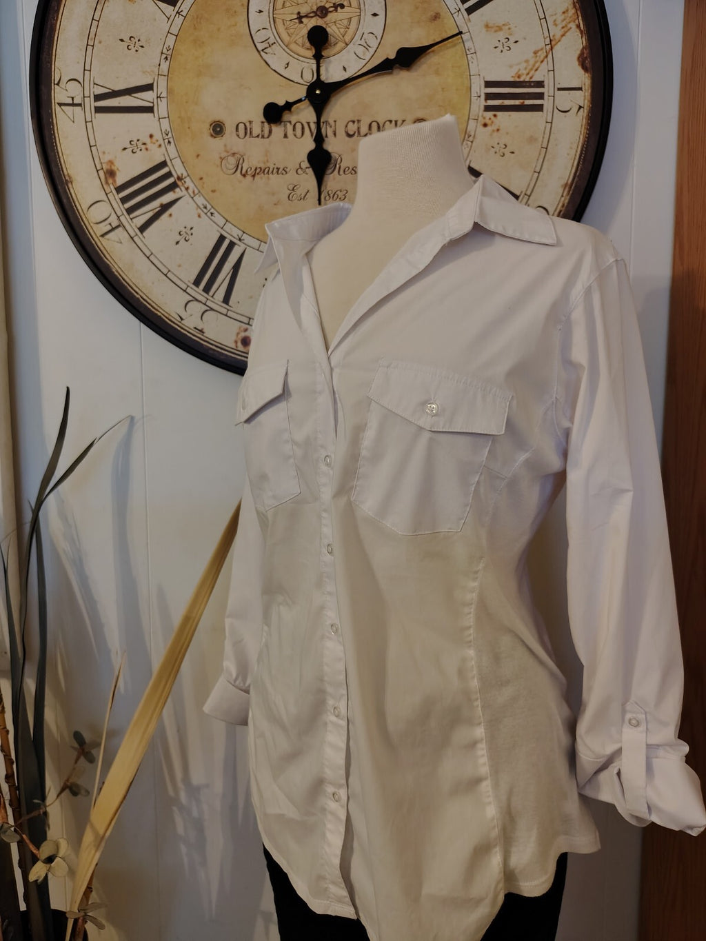 Women's White Long Sleeve Button-Up Shirt with Chest Pockets
