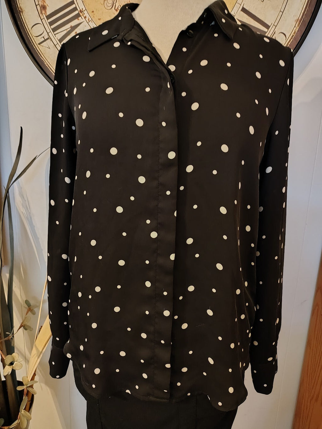 H&M Black and White Polka Dot Long Sleeve Button-Up Shirt, 6