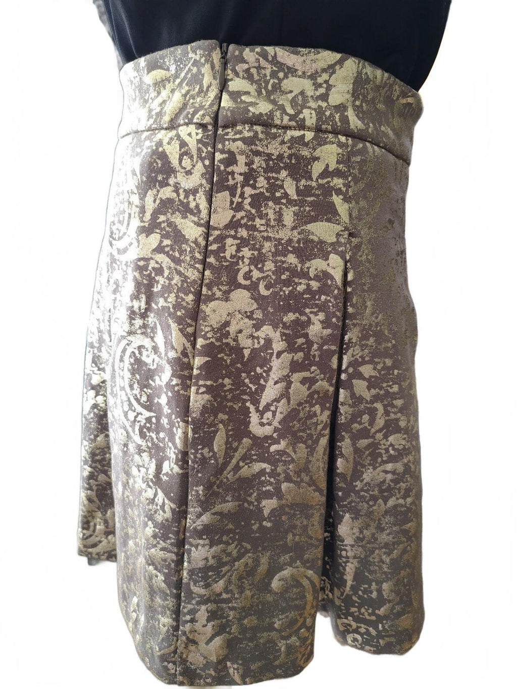 Mark Medium Brocade A-Line Skirt in Gold and Brown with Plea