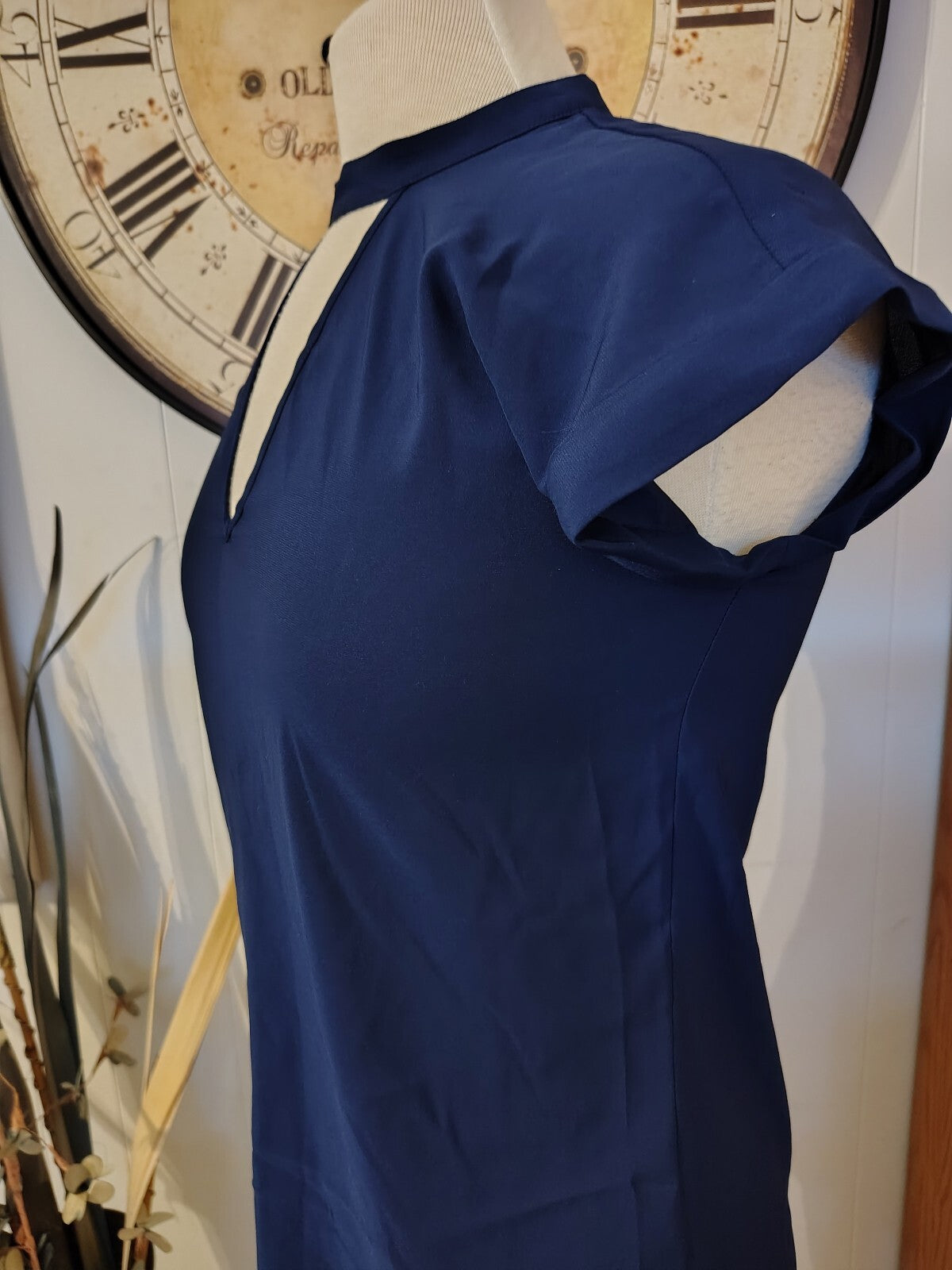 Navy Blue Short Sleeve Blouse with Keyhole Neck Express XS