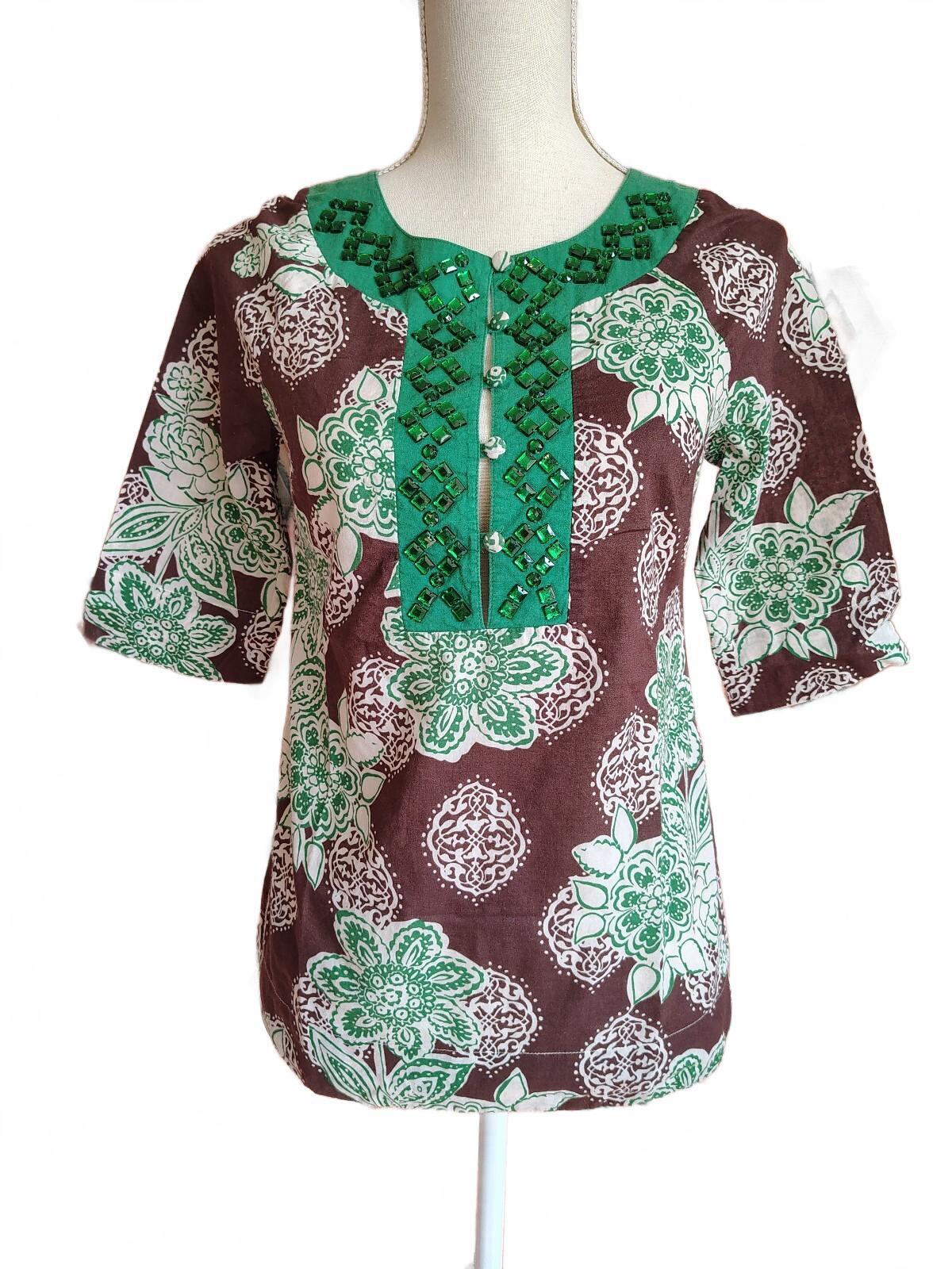 Vintage Forever 21 Y2K Green Floral Print Cotton Top Boho Sm