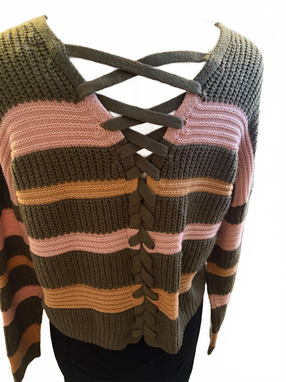 Women's Striped Knit Shrug Sweater with Lace-Up Back Large
