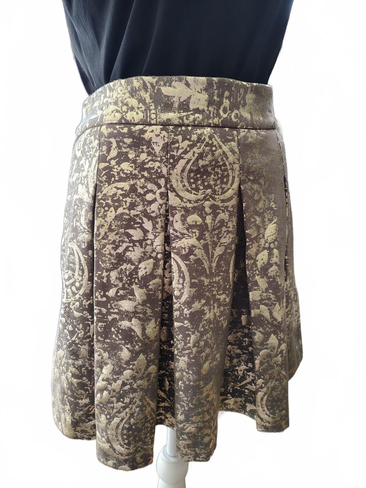 Mark Medium Brocade A-Line Skirt in Gold and Brown with Plea