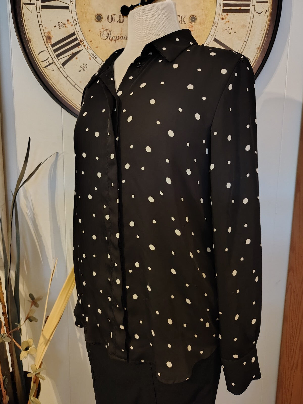 H&M Black and White Polka Dot Long Sleeve Button-Up Shirt, 6