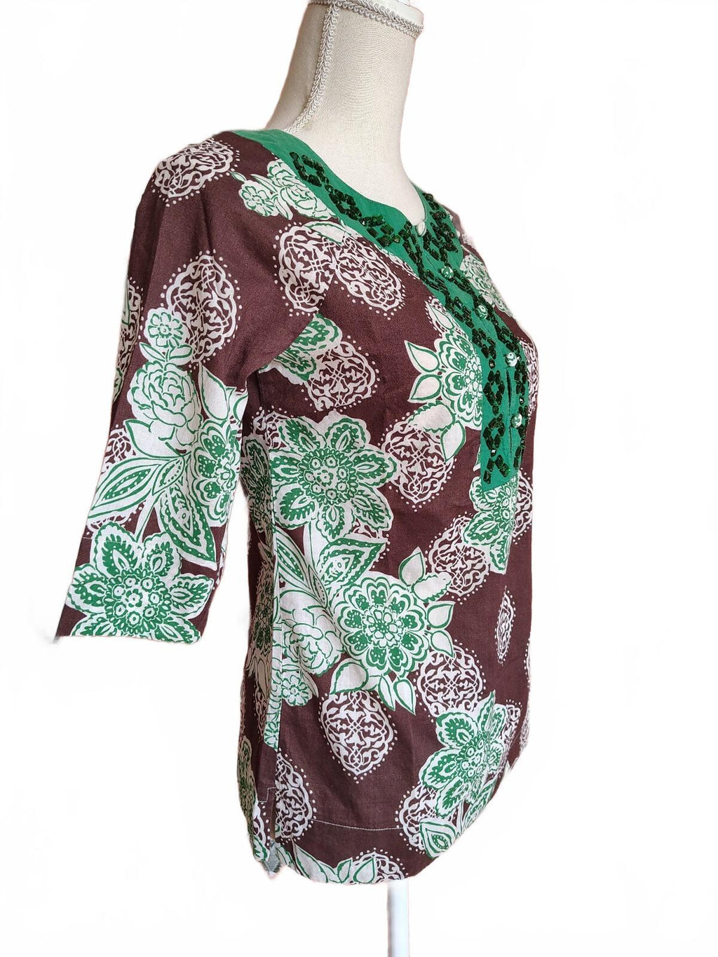Vintage Forever 21 Y2K Green Floral Print Cotton Top Boho Sm