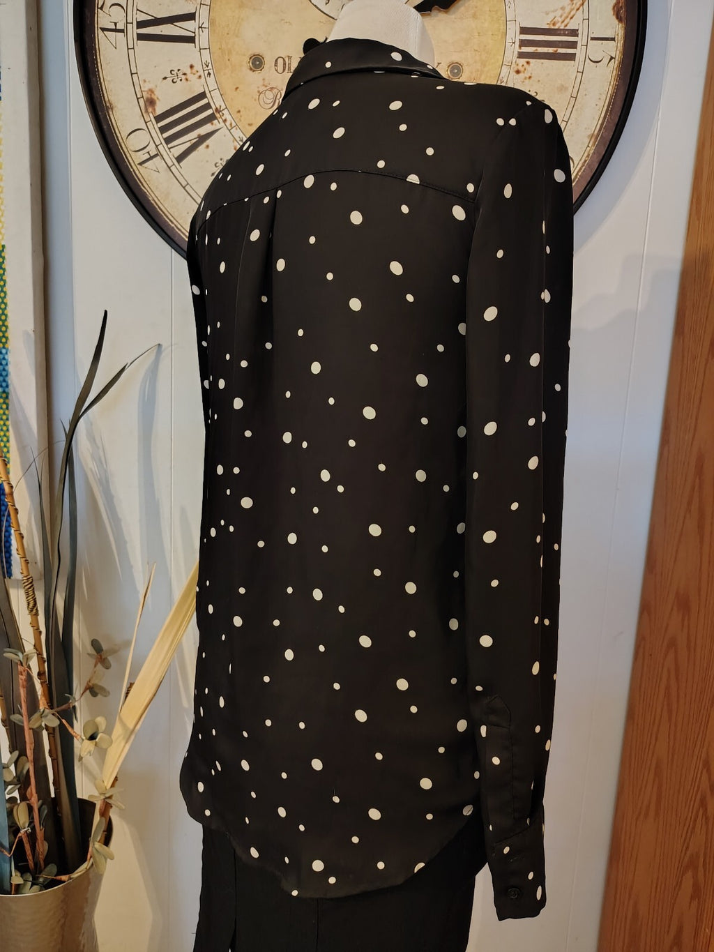 H&M Black and White Polka Dot Long Sleeve Button-Up Shirt, 6