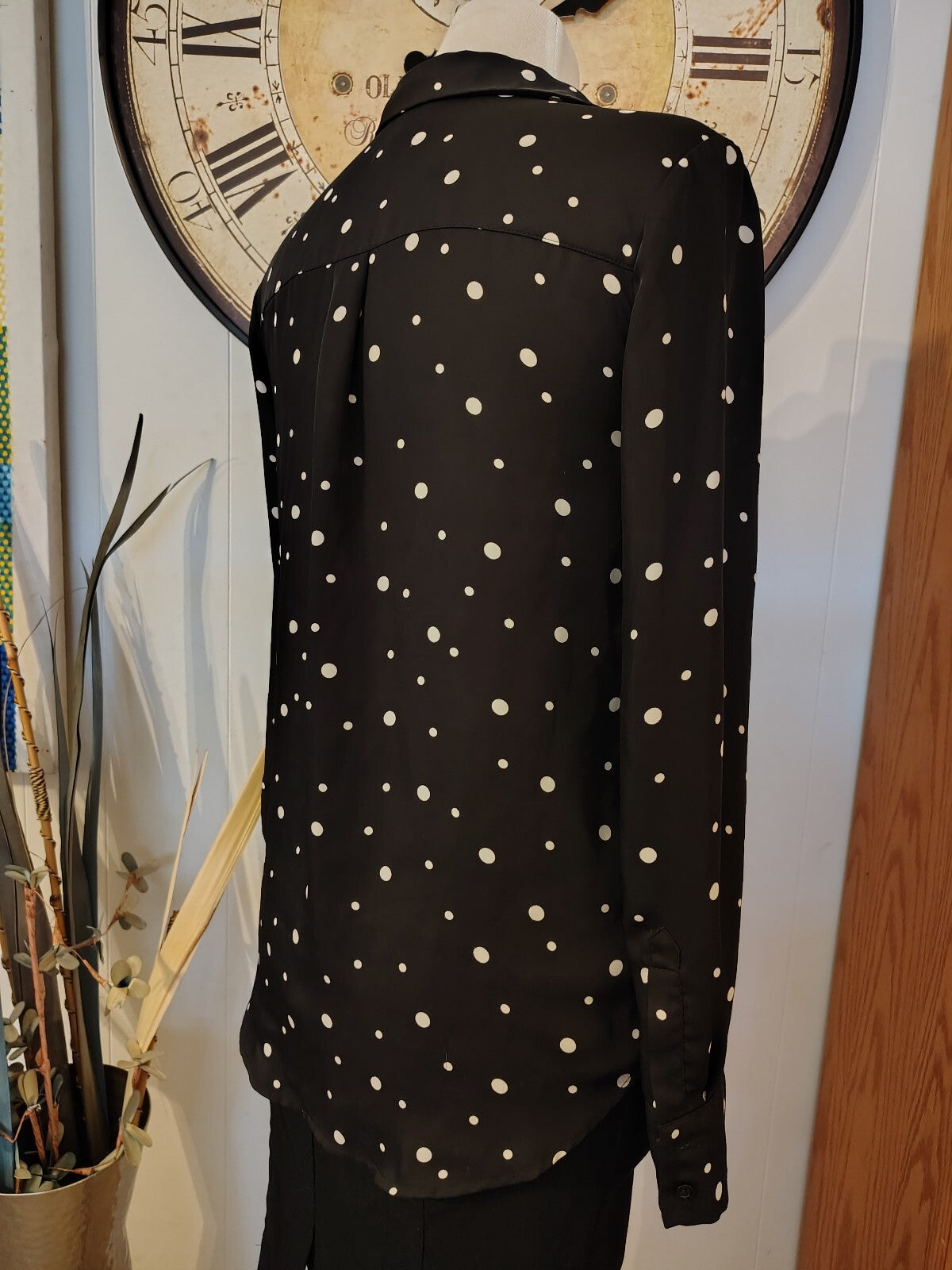 H&M Black and White Polka Dot Long Sleeve Button-Up Shirt, 6