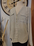 Express Women's White and Gray Striped Long Sleeve Blouse Sm