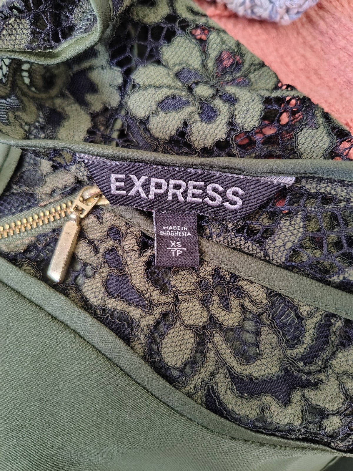 Express Women's Olive Green Blouse with Lace Detail XS