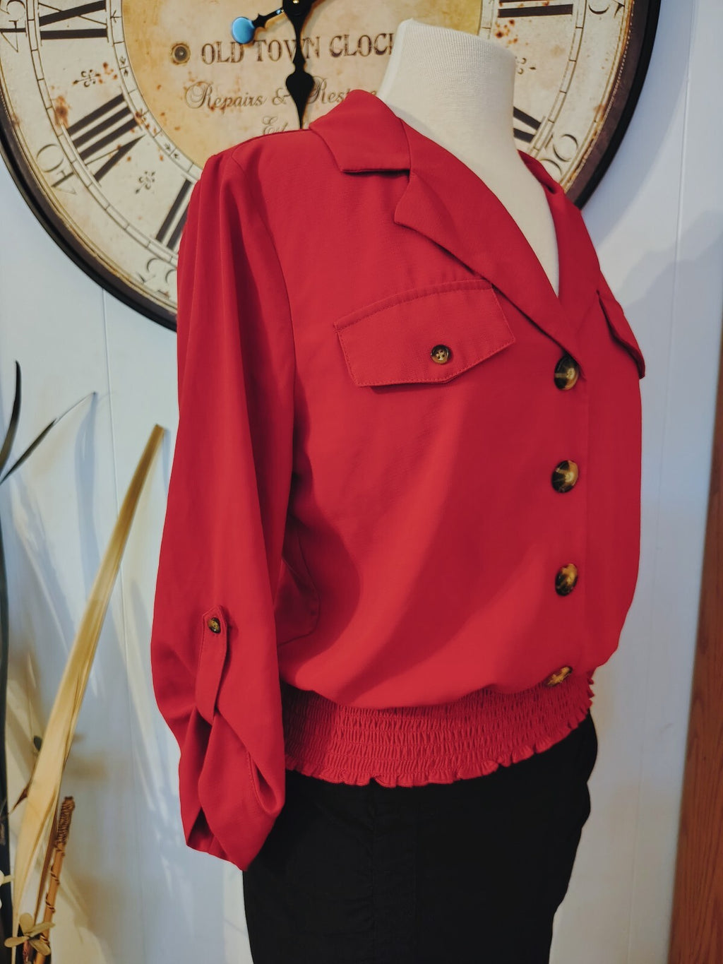 By & By Women's Button-Up Blouse w/Smocked Waist Medium