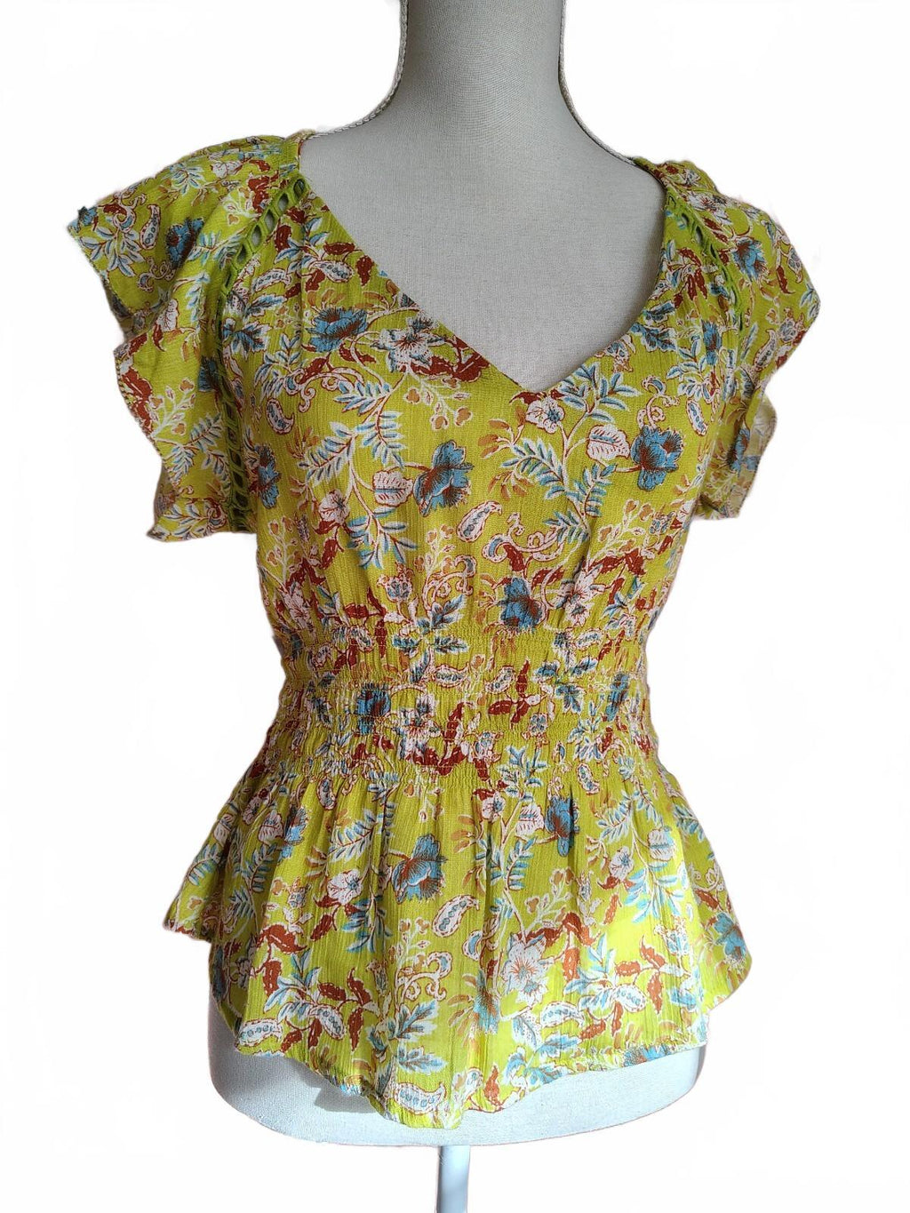 Sam Edelman Women's Yellow Floral Print Peplum Blouse, XS