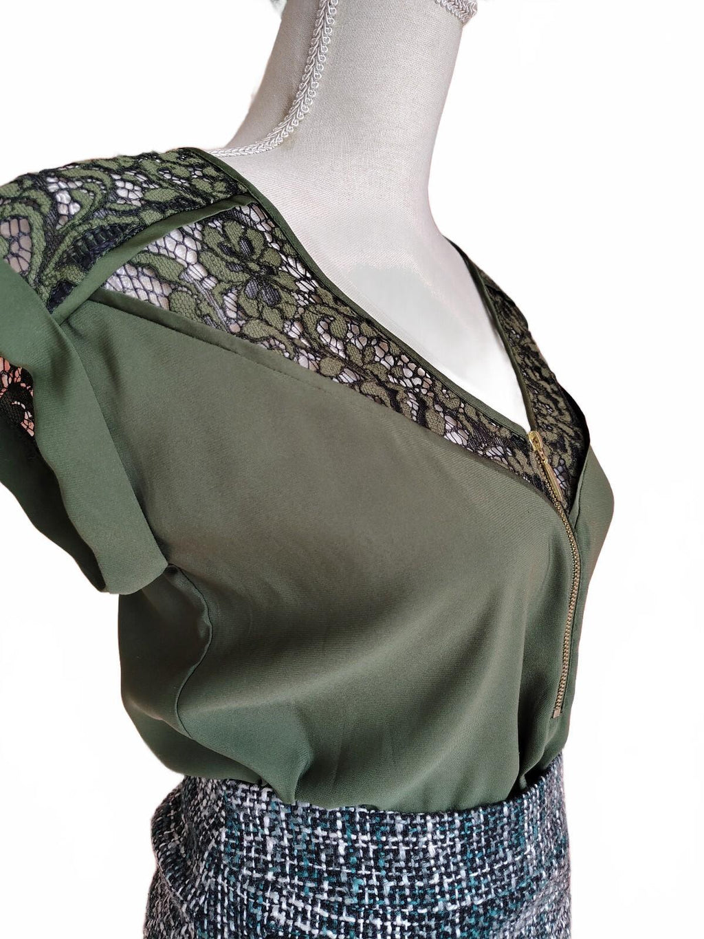 Express Women's Olive Green Blouse with Lace Detail XS
