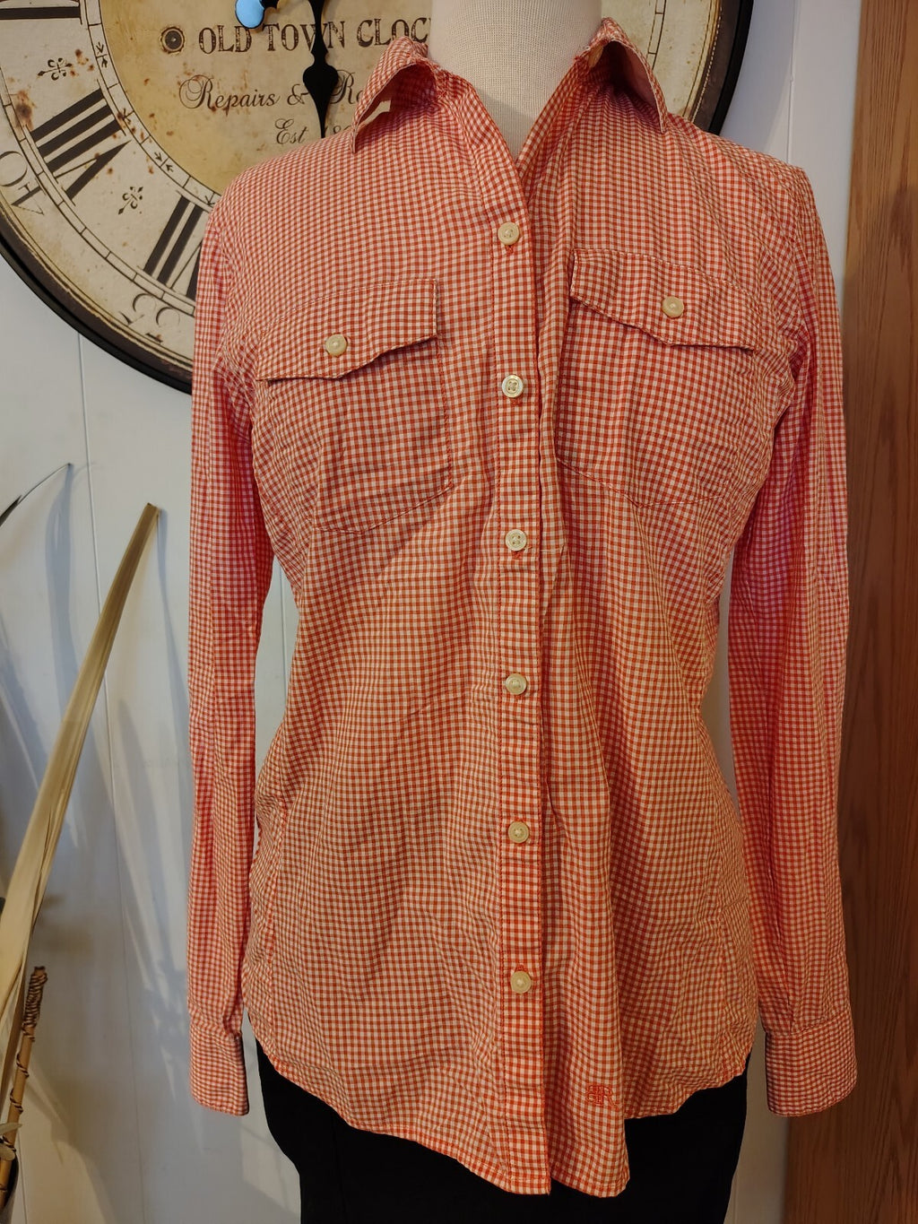 Banana Republic Soft Wash Shirt Small Orange and White Check