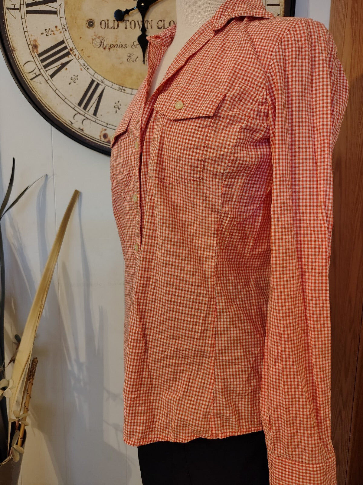 Banana Republic Soft Wash Shirt Small Orange and White Check